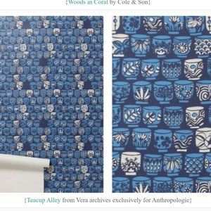 Anthropologie Tea Cup Alley Vera Wallpaper Blue, White, Pots, Plants, SOLD OUT
